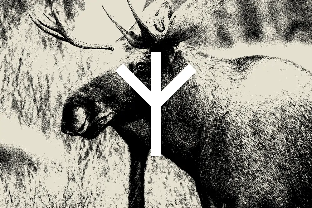 Elk standing in nature with a symbol at the top of the image.